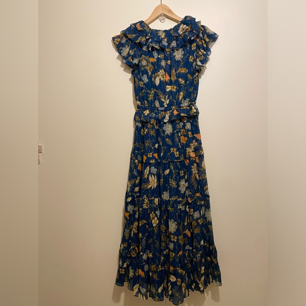Ulla Johnson Arisa Ruffled Metalic Teal Floral Maxi Dress. Size 2 - Picture 5 of 11